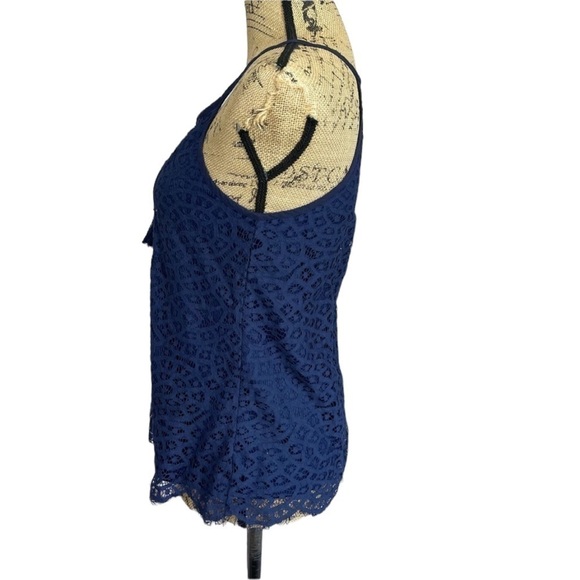 ROMEO and Juliet Lace Boho Tank Top Navy Keyhole Tassel Blouse - Picture 2 of 8